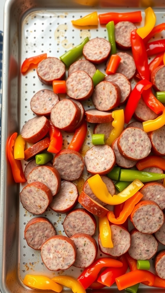 A sheet pan filled with sliced sausage and vibrant bell peppers