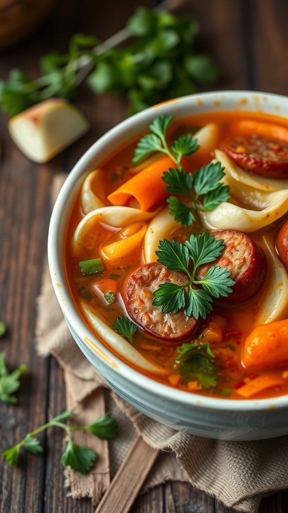 A bowl of spicy sausage and cabbage soup with colorful ingredients.