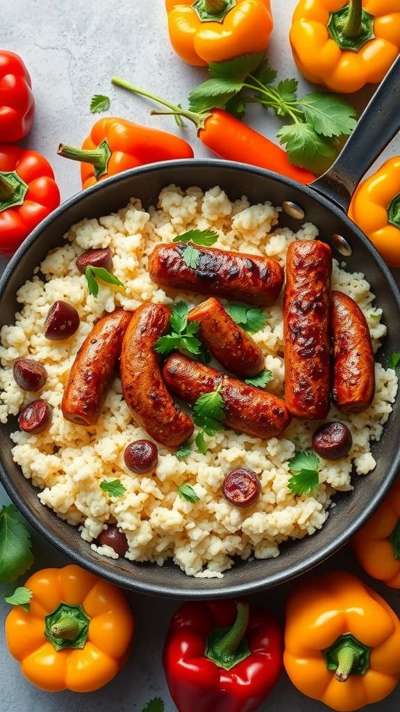 A skillet filled with spicy sausage and cauliflower rice, garnished with herbs, surrounded by colorful bell peppers.