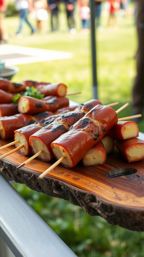 A close-up of spicy sausage and cheese skewers on a wooden platter.