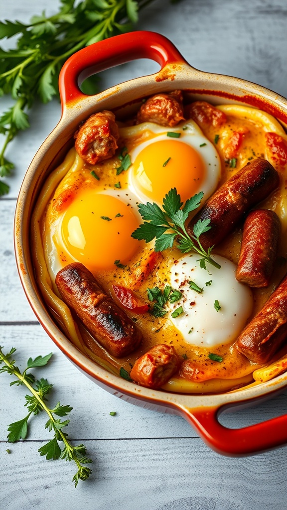 A spicy sausage and egg breakfast bake in a red dish, featuring sausages, eggs, and fresh parsley.