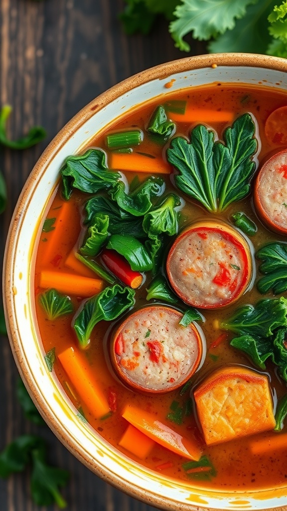 A bowl of spicy sausage and kale soup with vibrant vegetables.