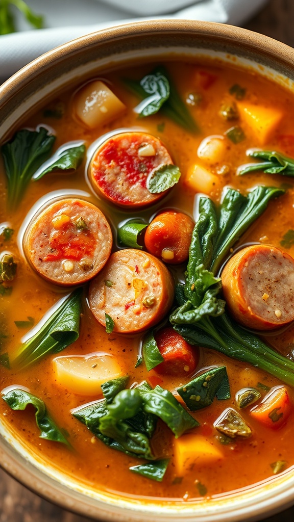 A bowl of spicy sausage and kale soup with chunks of sausage and green kale.