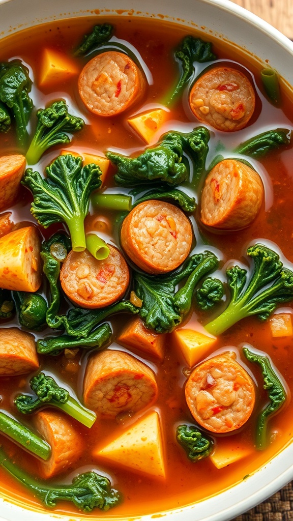 A bowl of Spicy Sausage and Kale Soup with sausage slices and leafy greens