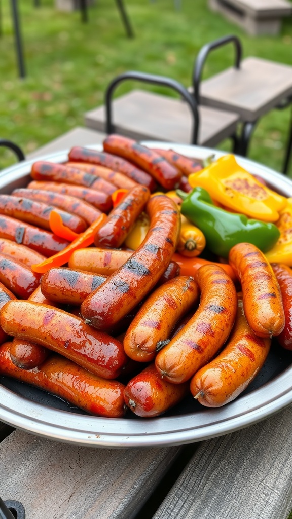 A close-up of grilled sausages and colorful bell peppers on a platter.