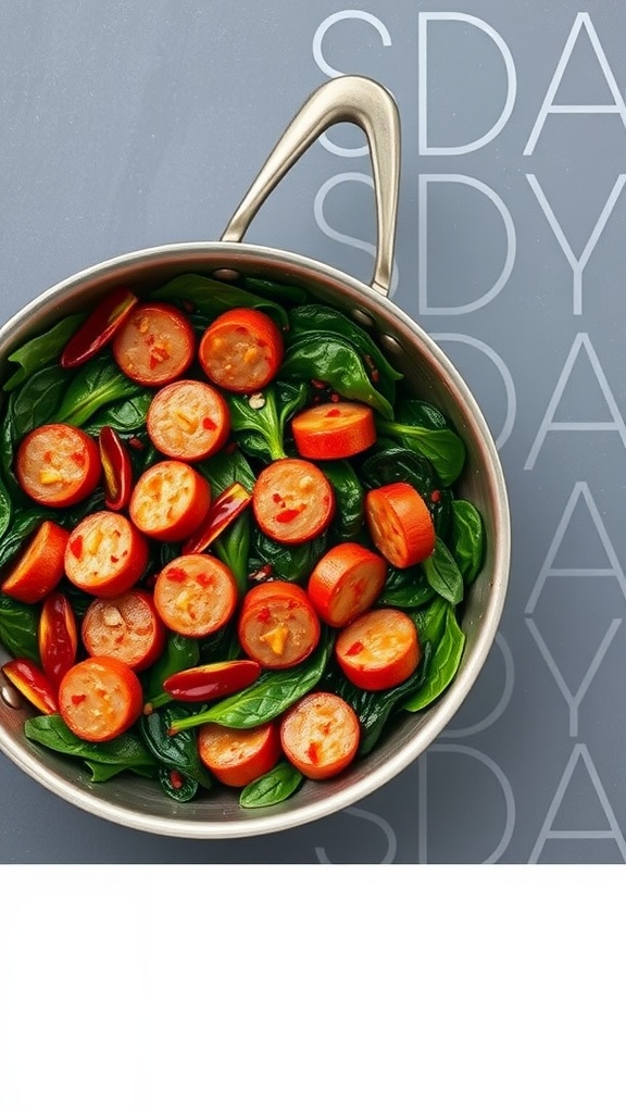 A skillet filled with sliced sausage and fresh spinach.