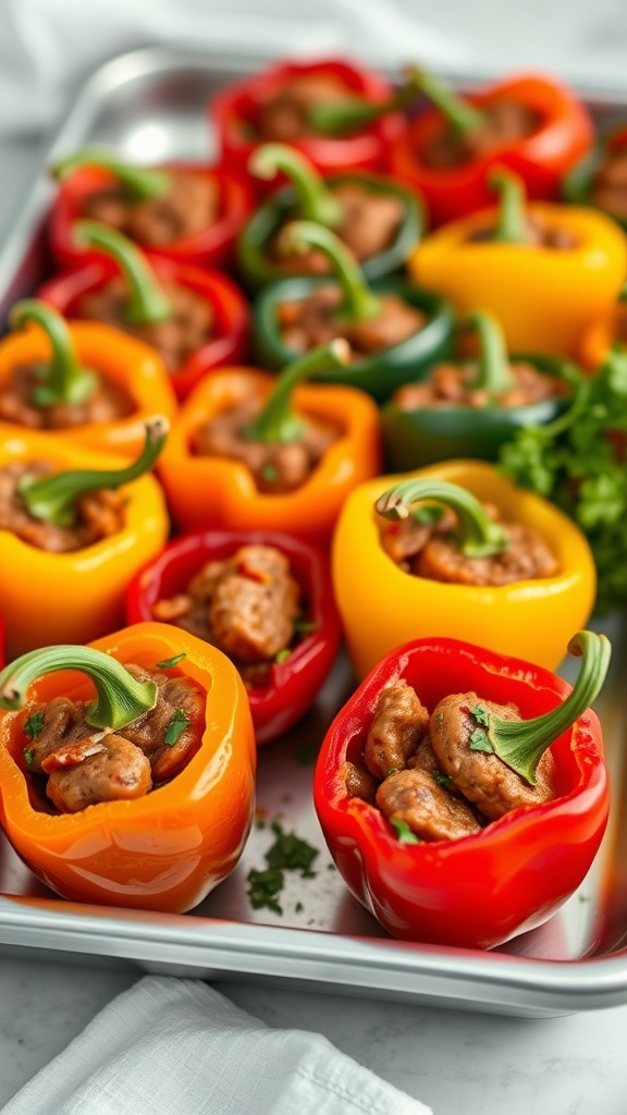 Colorful peppers filled with spicy sausage mixture on a tray