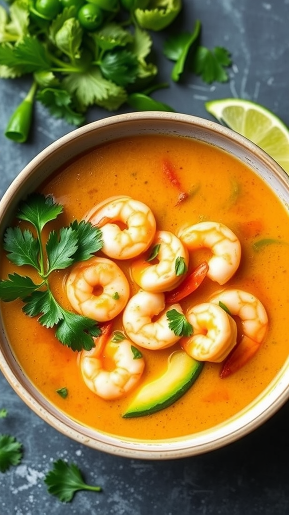 A bowl of spicy shrimp and avocado soup garnished with cilantro and lime slices.