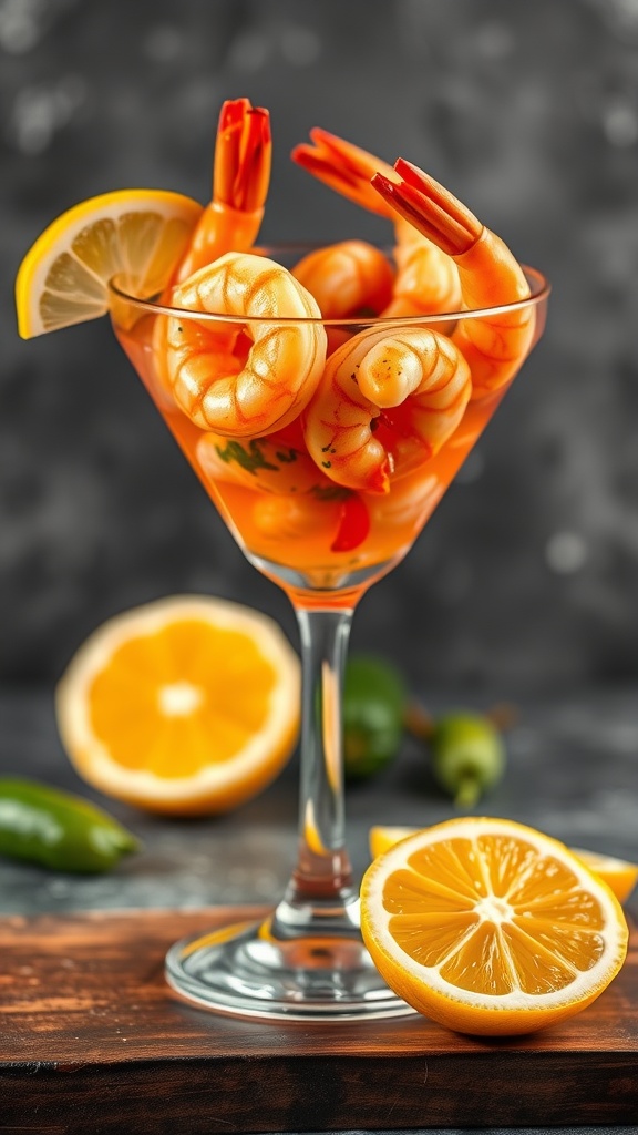 A glass of spicy shrimp cocktail garnished with lemon slices, surrounded by fresh lemons and jalapeños on a wooden surface.