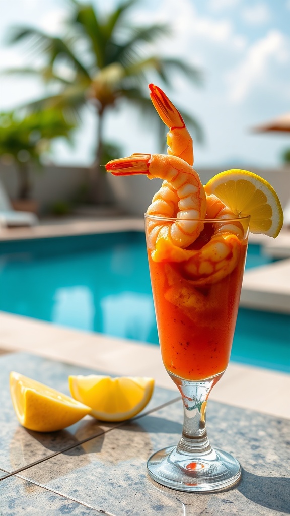 A delicious glass of spicy shrimp cocktail with lemon slices, set by a pool.