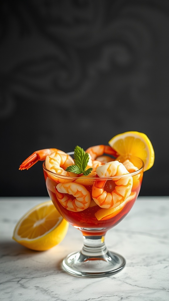 A bowl of spicy shrimp cocktail with lemon slices and a sprig of mint