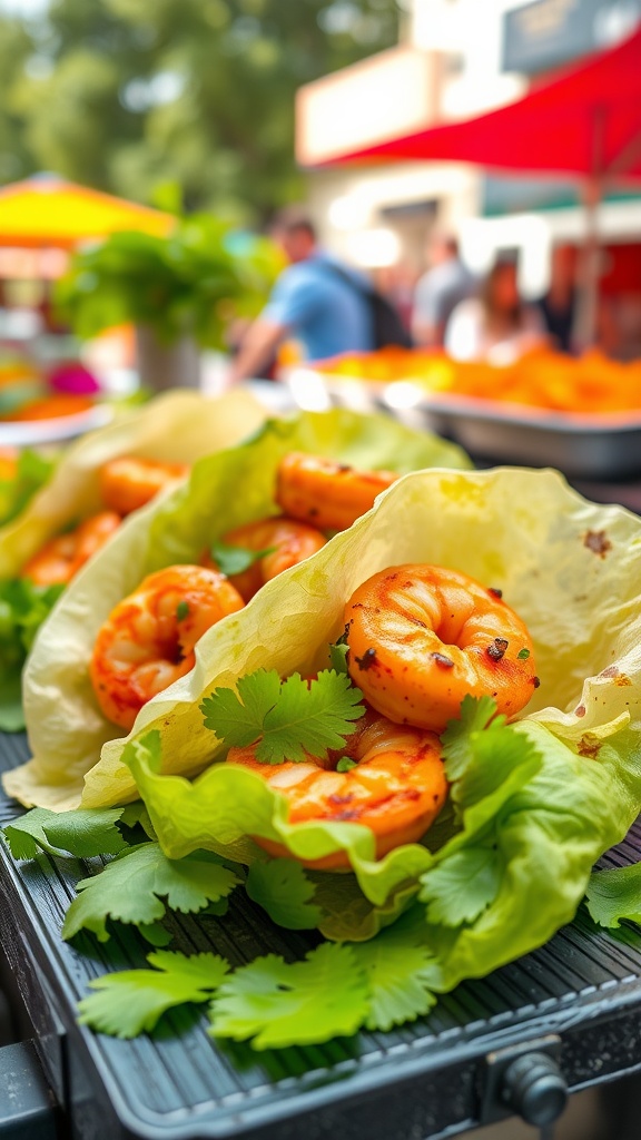 Spicy shrimp lettuce wraps with cilantro on a grill