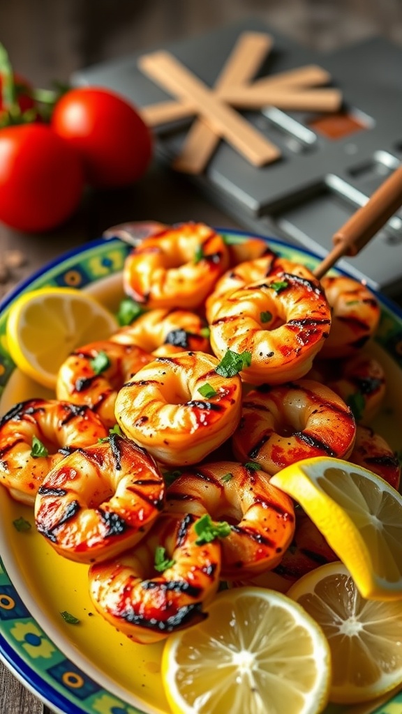 A colorful plate of grilled spicy shrimp skewers garnished with lemon slices.