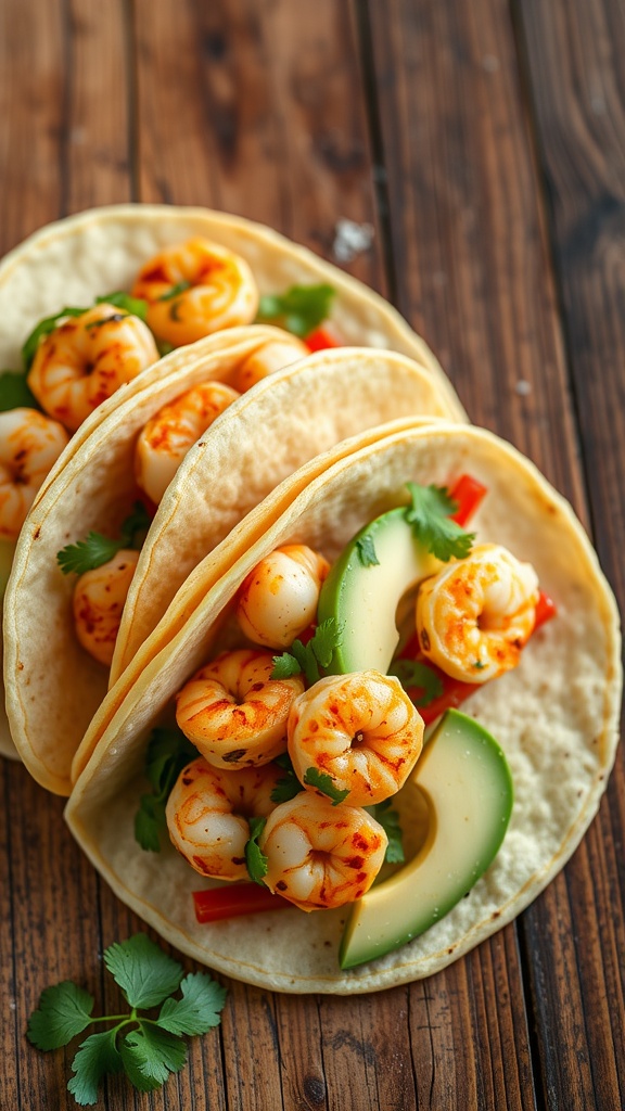 Spicy shrimp tacos topped with avocado and cilantro, served on a wooden table.