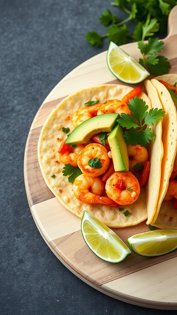 Spicy shrimp tacos on a wooden platter with lime and avocado slices