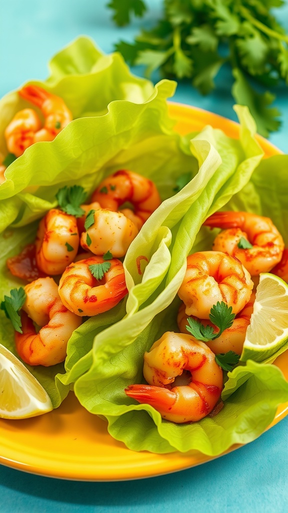 Spicy shrimp tacos served in lettuce wraps with cilantro and lemon