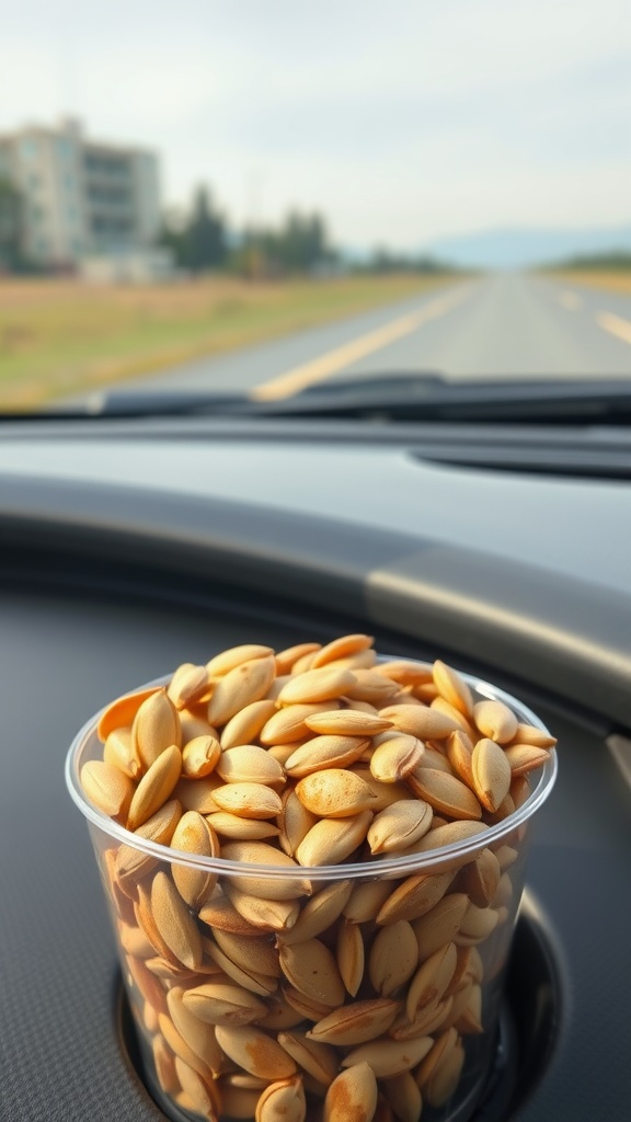 A clear cup filled with sunflower seeds resting on a car dashboard.