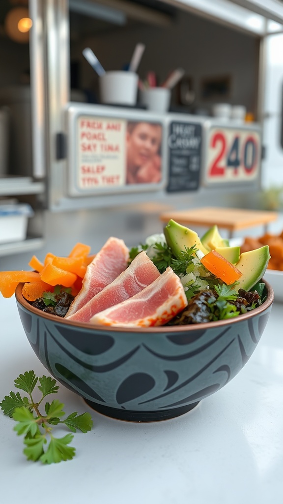 A spicy tuna poke bowl with sliced tuna, avocado, and vegetables in a decorative bowl