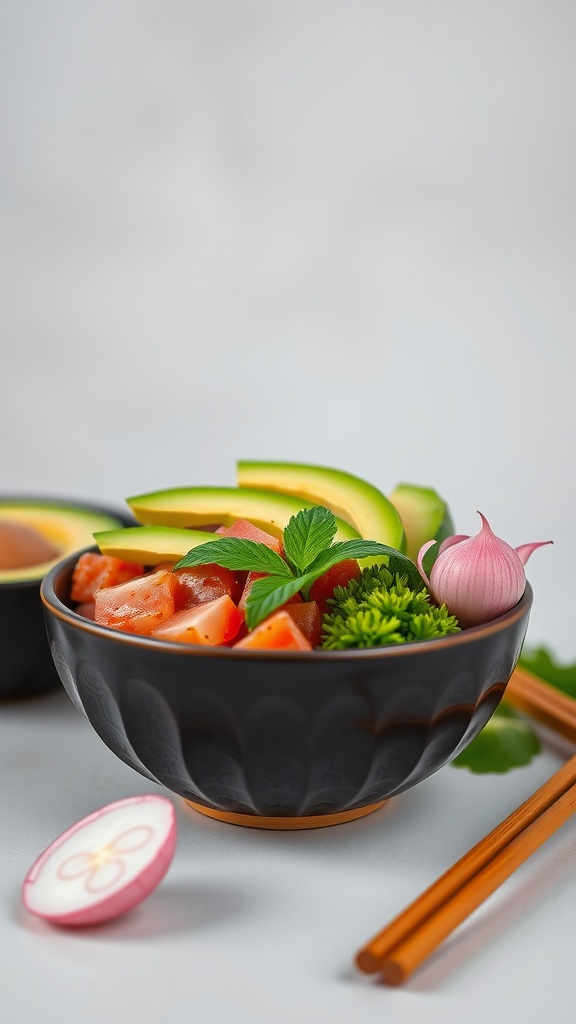 A beautifully arranged spicy tuna poke bowl with fresh ingredients including tuna, avocado, and garnishes.