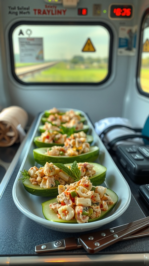 A platter of spicy tuna salad in cucumber halves, set against a train interior backdrop.