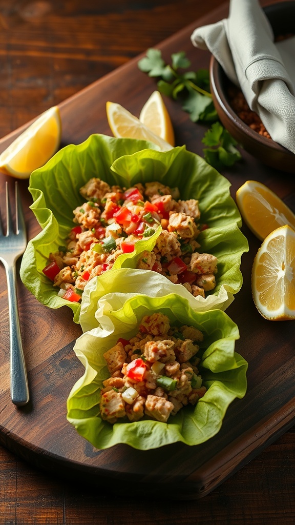 Spicy tuna salad served in lettuce wraps with lemon slices on a wooden board.