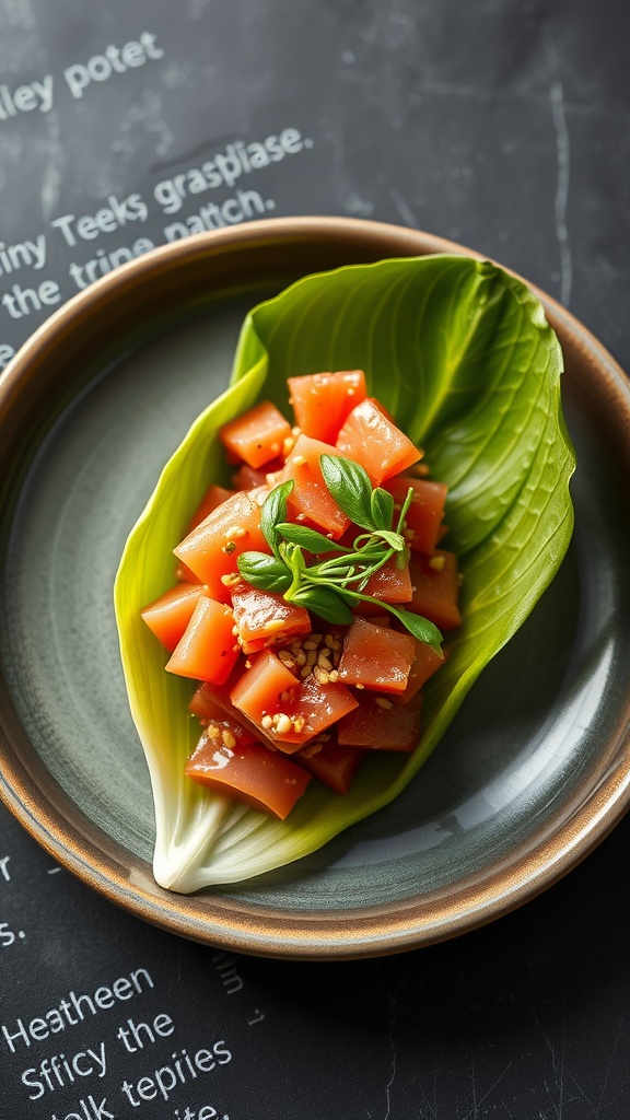 Spicy tuna tartare in endive leaf served on a plate.