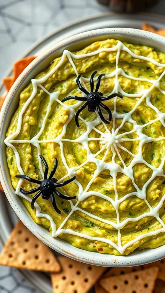 A bowl of guacamole topped with a sour cream spider web and plastic spiders, surrounded by pumpkins and crackers.