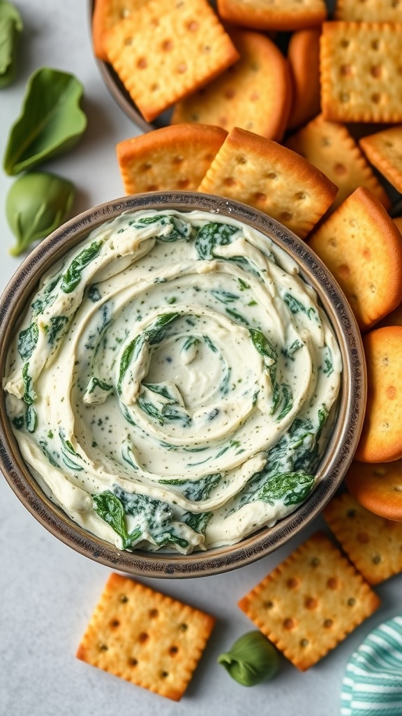 A bowl of spinach and artichoke dip with crackers beside it.