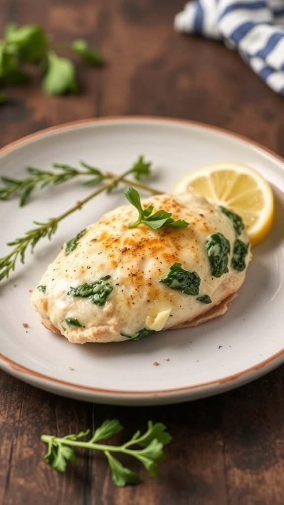 A plate of spinach and cheese stuffed chicken breast garnished with herbs and a lemon slice.