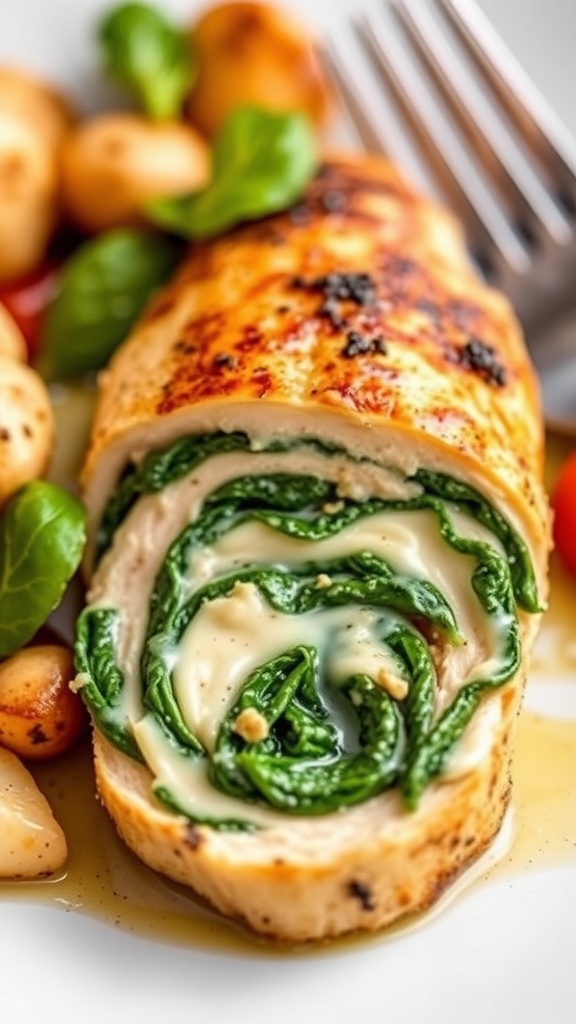 A delicious spinach and cheese stuffed chicken breast served with green vegetables.