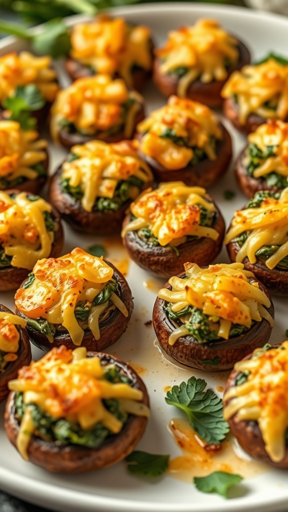 A tray of spinach and cheese stuffed mushrooms.