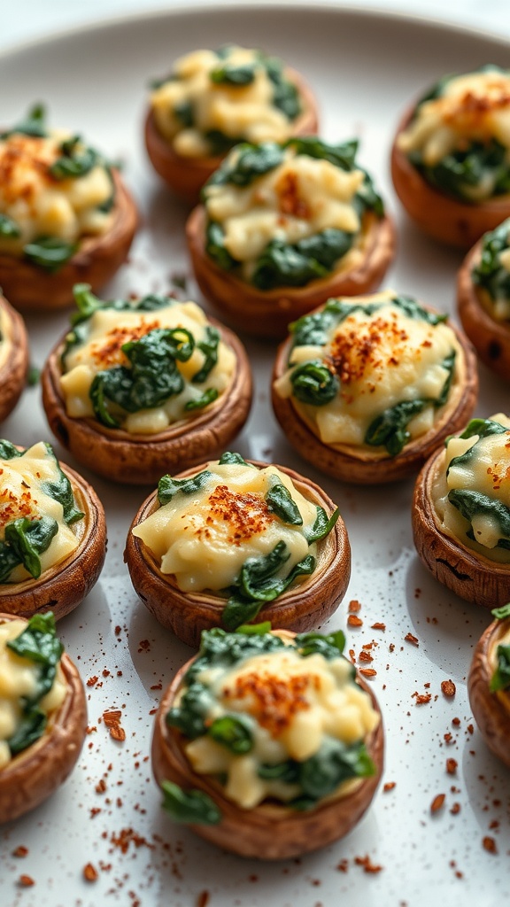 A plate of spinach and cheese stuffed mushrooms, garnished with spices.