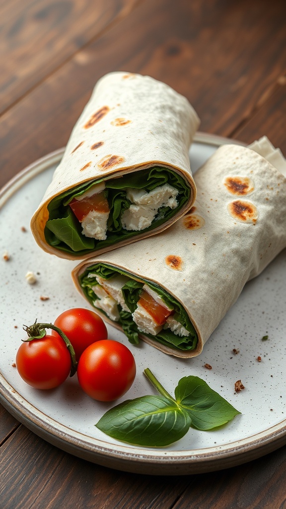 A spinach and feta breakfast wrap on a plate with cherry tomatoes and basil.