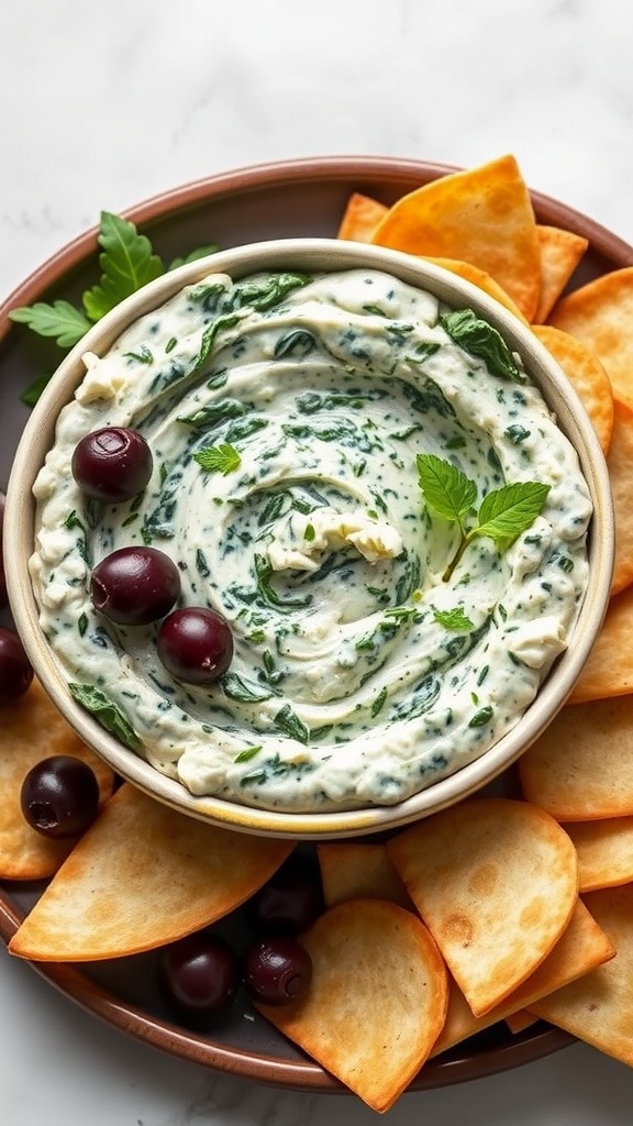 A creamy spinach and feta dip served in a bowl with pita chips and olives.