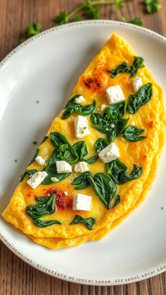 A delicious spinach and feta omelette on a plate.