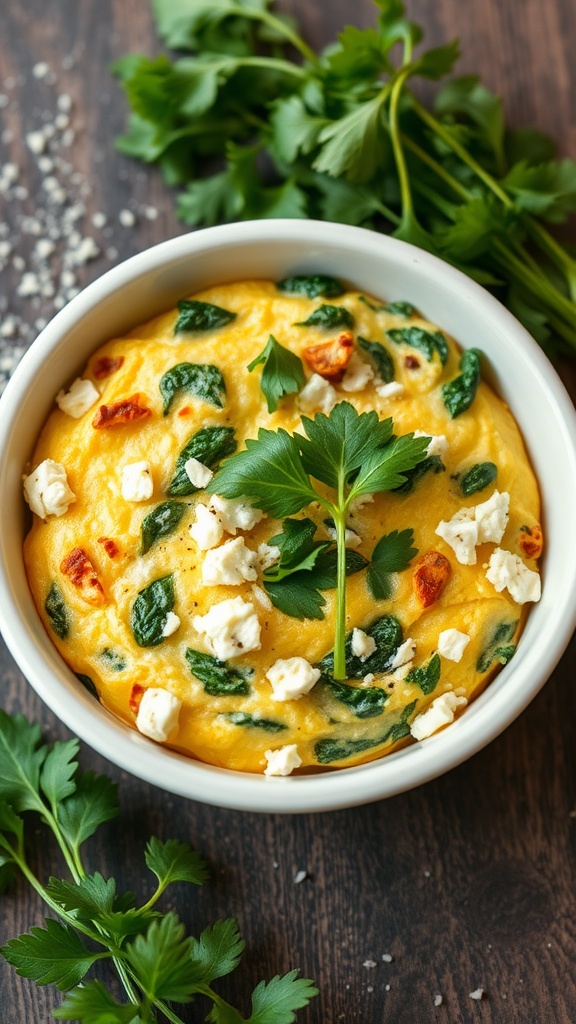 A bowl of spinach and feta omelette topped with fresh parsley.