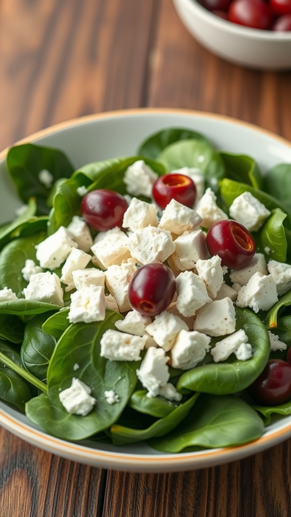 A fresh spinach salad topped with feta cheese and olives.