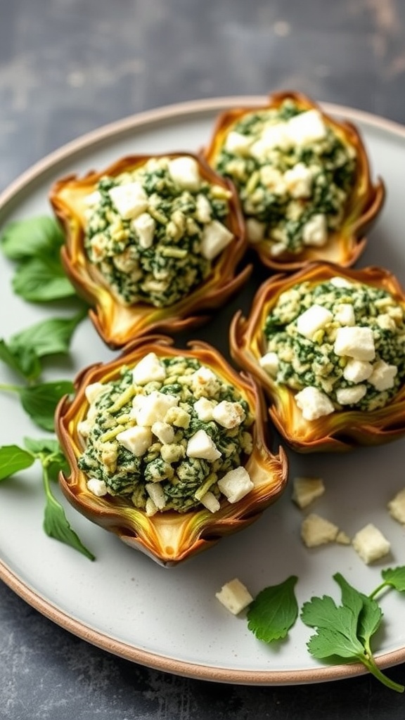 Spinach and feta stuffed artichokes on a plate