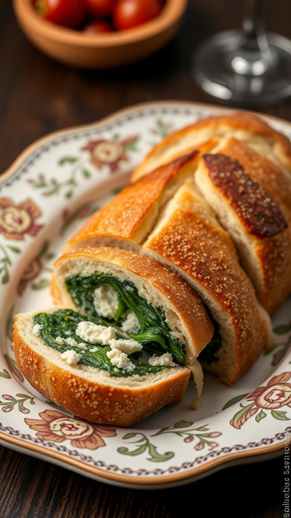 A beautifully sliced bread stuffed with spinach and feta cheese on a decorative plate.