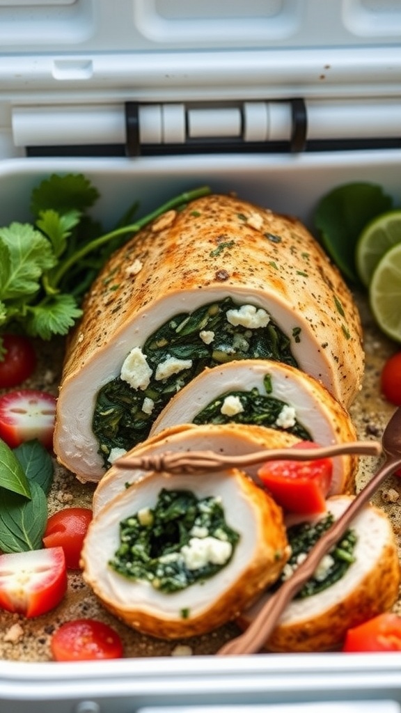 Spinach and feta stuffed chicken in a cooler with cherry tomatoes and herbs.