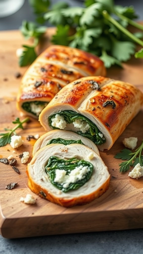 Spinach and feta stuffed chicken breast sliced on a wooden board with herbs