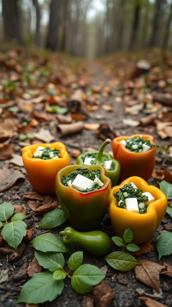 Mini peppers stuffed with spinach and feta cheese, surrounded by leaves on a forest path.