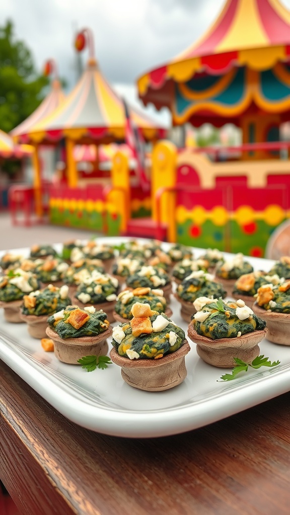 A plate of spinach and feta stuffed mushrooms served at a theme park.