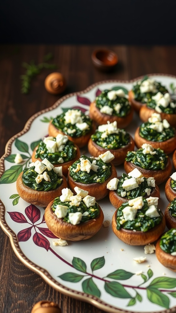 A plate of spinach and feta stuffed mushrooms ready for a potluck