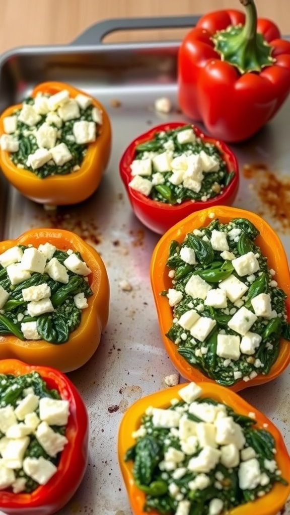 Colorful stuffed peppers with spinach and feta cheese filling