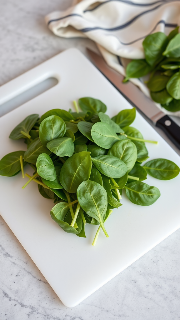 Fresh spinach leaves on a wooden cutting board with a knife.