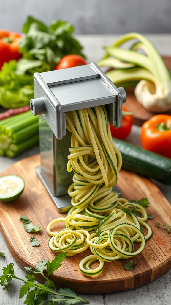 A spiralizer with freshly made zucchini noodles surrounded by various vegetables.