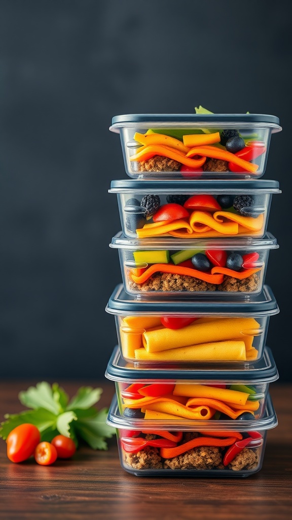 Stackable BPA-free meal prep containers filled with colorful vegetables and salad ingredients.