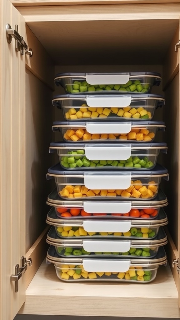 Stacked meal prep containers filled with colorful food in a kitchen cabinet.