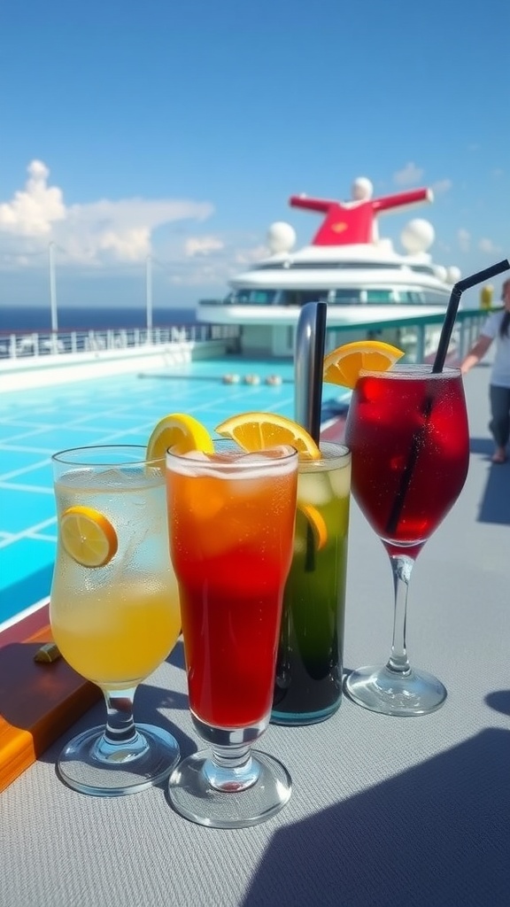 Colorful zero-calorie beverages on a cruise ship deck with a pool in the background.